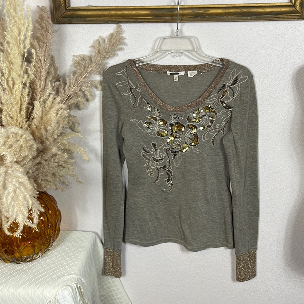 Miss Me Brown & Gold Sequin Beaded Long Sleeve Tee Size Small